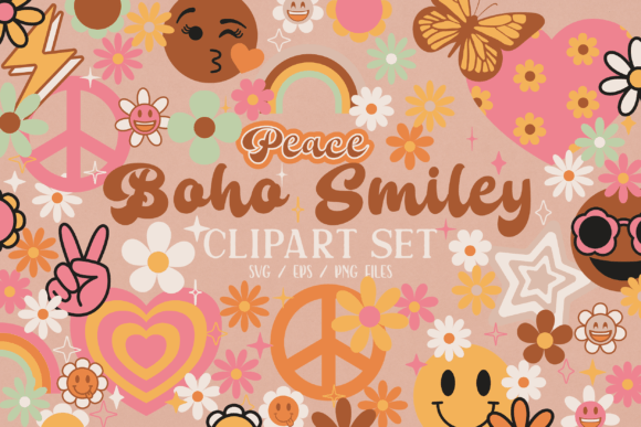 Boho Retro Happy Smiles Clipart: Graphics & Illustrations