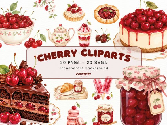 Cherry Watercolor Cliparts, Desserts PNG