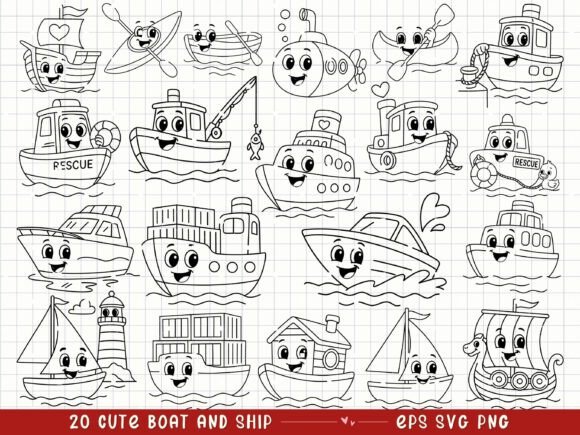 Cute Boat and Ship Kids Transportation Graphics and Illustrations
