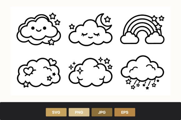 Cute Clouds Stars Moon Rainbow Line Art Graphics and Illustrations