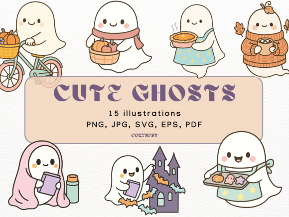 Cute Halloween Spooky Ghost Cliparts: Graphics & Illustrations