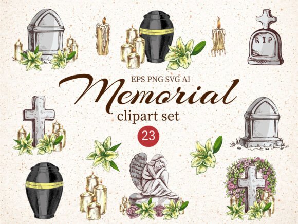 Memorial Clipart Set: Vintage Illustrations for Brand Graphics