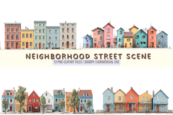 Neighborhood Street Cliparts: Graphics & Illustrations for Publishers