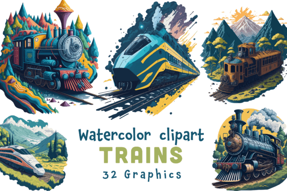 Watercolor Trains and Locomotive Clipart Graphics & Illustrations Review