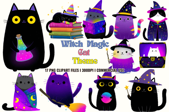 Witch Magic Cat Theme Clipart: Graphics & Illustrations for Crafters